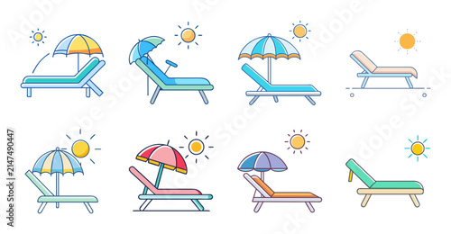 Flat icons of people relaxing on beach chairs - Colorful vector icons showing people lounging on beach chairs with sun, drinks, and summer accessories in a fun style.
