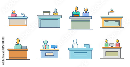 Illustrated barbershop with stylists working - Colorful vector icons showing barbers and stylists cutting hair in different barbershop settings and styles.