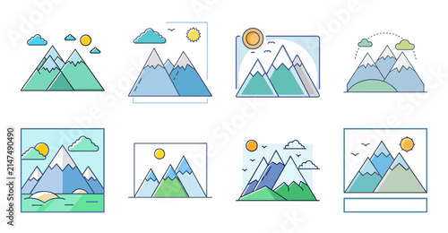 Mountain illustration with climbing icons and route - Colorful vector icons showing mountain climbing paths, peaks, and hiking gear with a scenic mountain background.