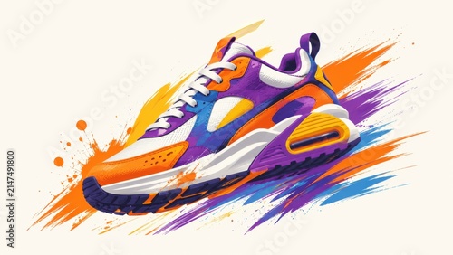 Vibrant athletic shoe with abstract paint splashes in purple, orange, and blue