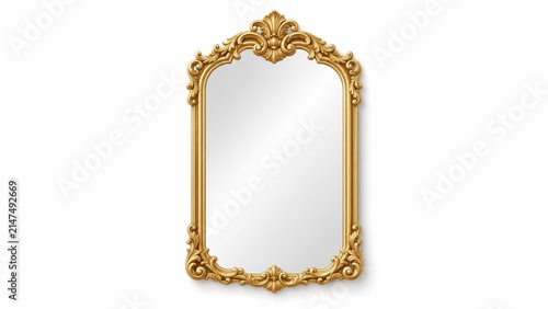 Elegant ornate gold framed mirror with a decorative top and reflective surface