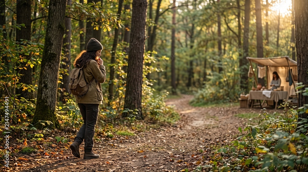 Fototapeta premium Woman walking on forest path during golden hour with backpack