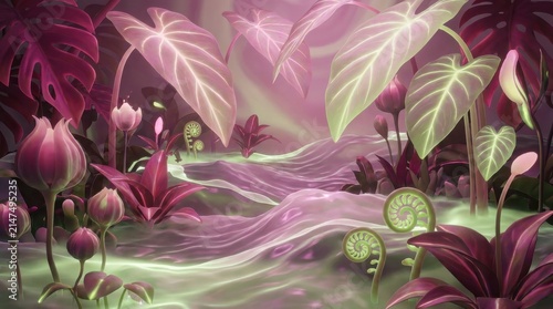 Surreal pink tropical garden with glowing liquid and lush foliage