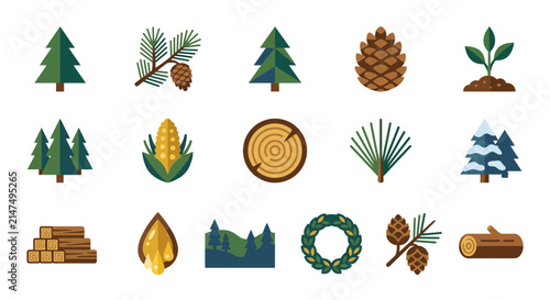 Quadro su tela Forest elements and pine cone icon collection.