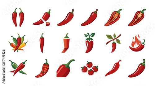 Quadro su tela Red hot chili pepper icons and fire symbols.