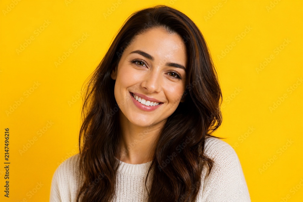 Fototapeta premium Young woman smiling and posing in yellow studio background