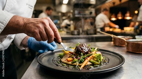 Professional chef plating gourmet dish in modern restaurant kitchen.