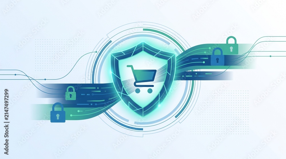 © Luthfi - Secure Online Shopping Concept with Digital Shield and E-commerce Cart Icon Illustration