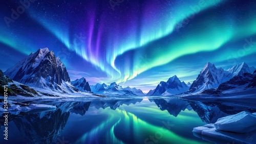 Spectacular aurora borealis dances over snow-capped mountains and reflective lake