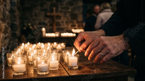 Candle Vigil: A hand ignites a tea light candle amidst a sea of flickering flames, creating a solemn and contemplative atmosphere, perfect for remembrance and reflection.