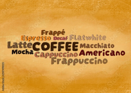 Coffee Word Cloud Typography Background with Popular Cafe Drinks