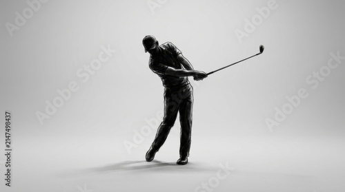 Golfer in silhouette swings a club with dynamic motion against a plain background