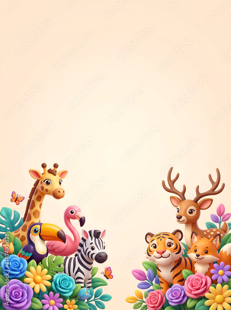 Fototapeta premium Cute cartoon wild animals surrounded by colorful flowers with large copy space on a soft background, perfect for kids, invitations, posters, and creative designs. Created with generative AI.