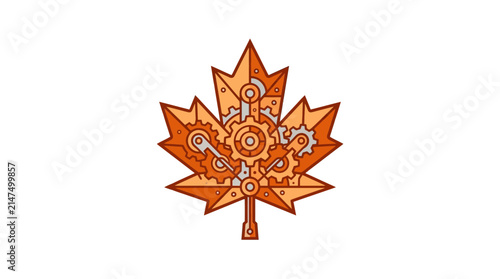 Photography Autumn maple leaf containing mechanical clockwork gears.