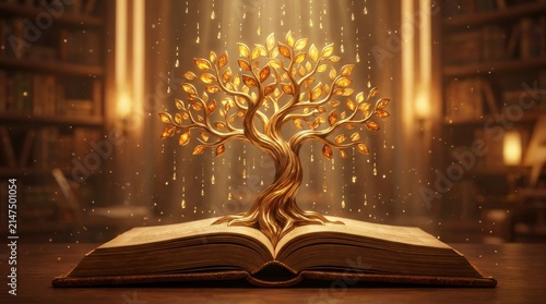 Golden tree of knowledge grows from an open book in a library