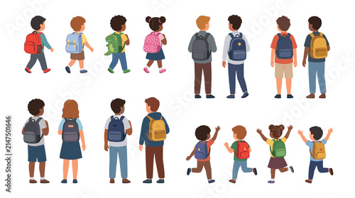 Children Walking and Running with Backpacks in a Flat Vector Illustration Style for School Concepts Featuring Kids, Students