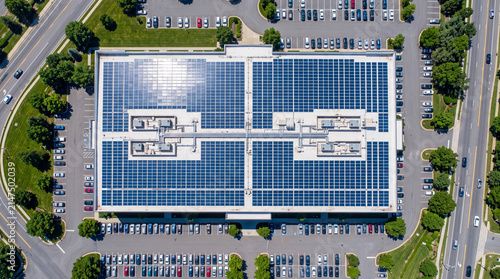 Aerial view of a large commercial building featuring an extensive rooftop solar panel array, surrounded by a parking lot and green trees in a suburban area.
