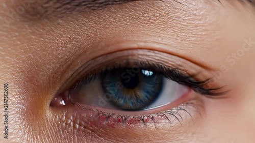 Closeup of a human eye with blue iris and detailed eyelashes