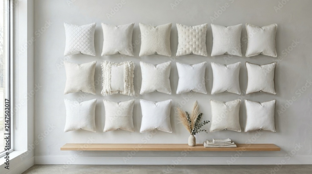 Naklejka premium Collection of textured white throw pillows displayed on a minimalist wall