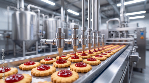 Automated food production line in a modern factory where a machine precision deposits red fruit jam onto round biscuits on a moving conveyor belt system