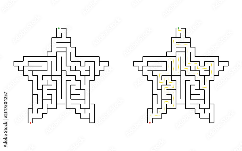 Obraz premium Five-point star maze puzzle with single solution path isolated on white background printable educational activity for kids logic game