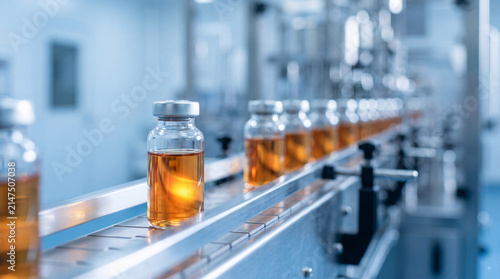Automated pharmaceutical production line with glass vials containing amber liquid moving on a high tech conveyor belt in a sterile medical manufacturing factory