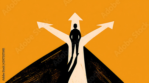 Which road to take. Illustration of a person standing at crossroads going in three different directions.
