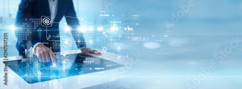Software developer touch screen testing API integration tools, application connection system, cloud platform communication and digital service automation. Modern programming and technology innovation.