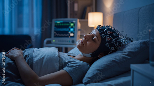 A woman sleeping in bed while wearing an electroencephalogram EEG cap connected to medical monitoring equipment for brain activity research or sleep study
