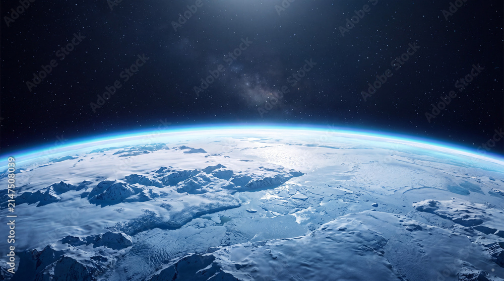 Fototapeta premium Cinematic view of the blue planet earth from outer space with atmospheric glow and bright starlight shining over frozen arctic landscape and ice mountains