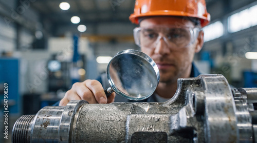 Professional male technician wearing safety helmet and glasses inspecting heavy industrial metal part with a magnifying glass in a manufacturing plant facility