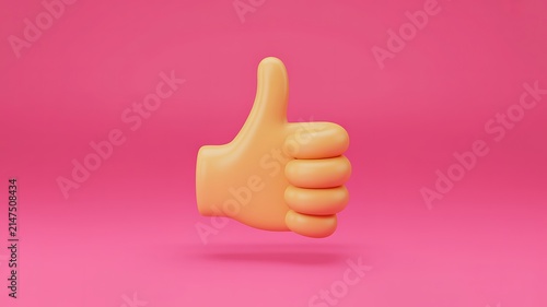 3d render of a yellow thumb up icon on pink background
