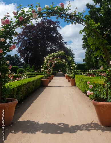 Serene garden pathway lined with blooming trees and shrubs.
