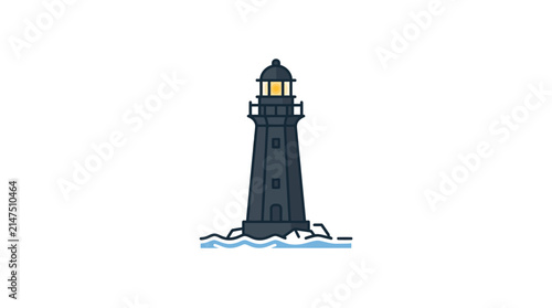 Coastal lighthouse on rock island sea navigation icon.