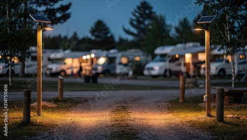Polemounted solar lamps standing tall beside a campground entrance softly lighting the area with outoffocus recreational vehicles beyond.
