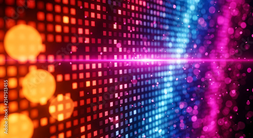 Abstract digital motion background showing light particles flowing through a grid of vibrant glowing squares