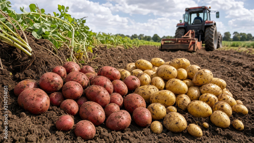 Freshly harvested red and yellow potatoes piled in agricultural field with tractor working in background