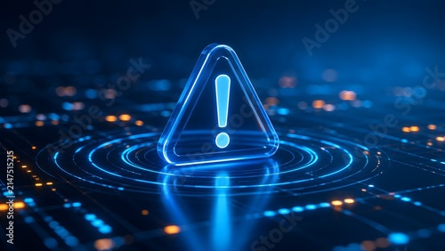 Futuristic glowing blue triangle warning sign over digital circuit grid representing cybersecurity alert and system error concept