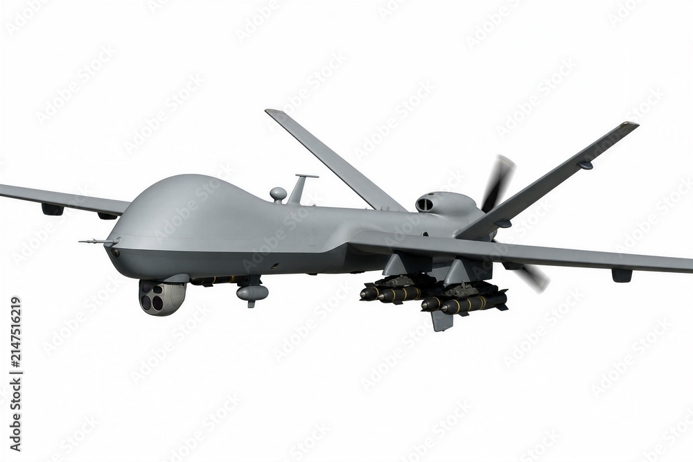 Obraz premium Military drone carrying missiles flying against white background