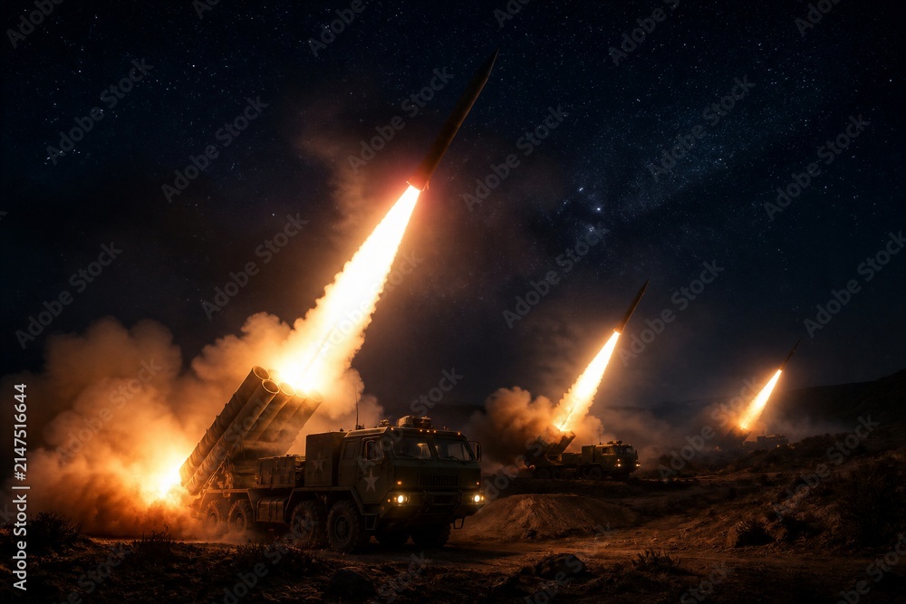 Obraz premium Multiple rocket launchers firing into night sky from terrain