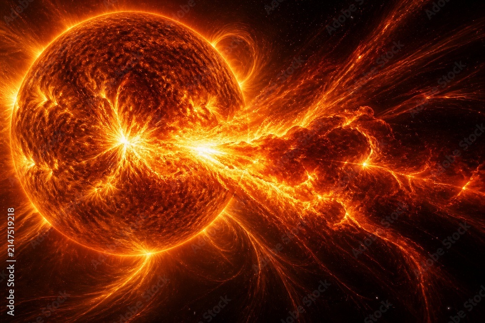 Fototapeta premium Solar flare erupting from sun surface with fiery plasma stream
