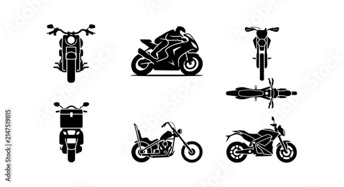 Konstfotografi Motorcycle Icons Set: Sportbike, Cruiser, Scooter Views, Rider Silhouette, Vecto