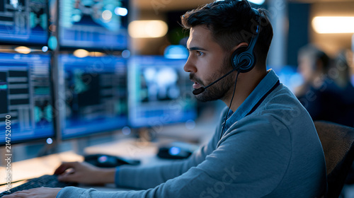 Faceless dispatcher relaying information to responding units during active emergency, defocused control room background, with copy space