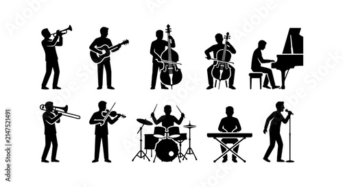 Canvas Print Vector Music Band Silhouettes, Jazz Ensemble Icons, Performance Musicians Set, L