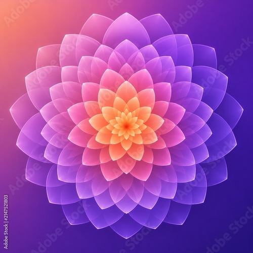 Luminous Purple and Orange Lotus Flower Mandala, Yoga and Meditation Art