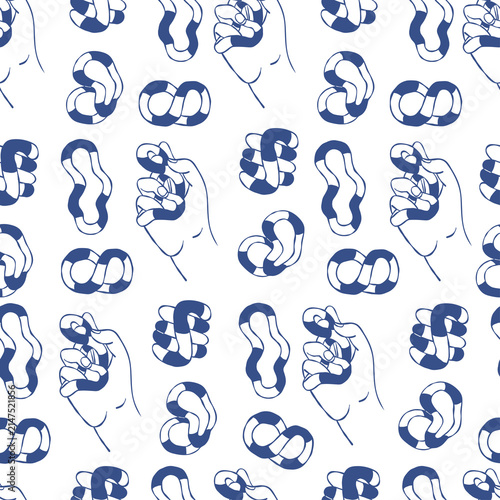 Sensory Tangle Fidget Toy Seamless Pattern. Twisty Puzzle in Human Hand Background. Line Art. Anti Stress