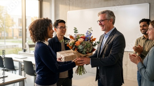A student and her classmates handing a bouquet of roses and a gift to the class teacher.