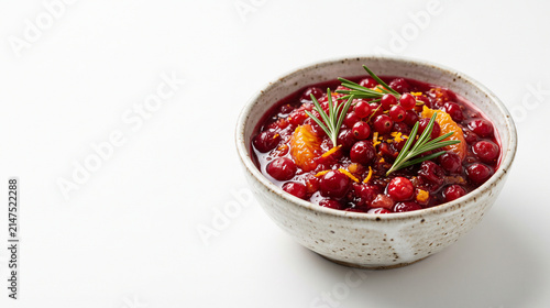 Ceramic bowl of homemade cranberry sauce with fresh rosemary sprigs