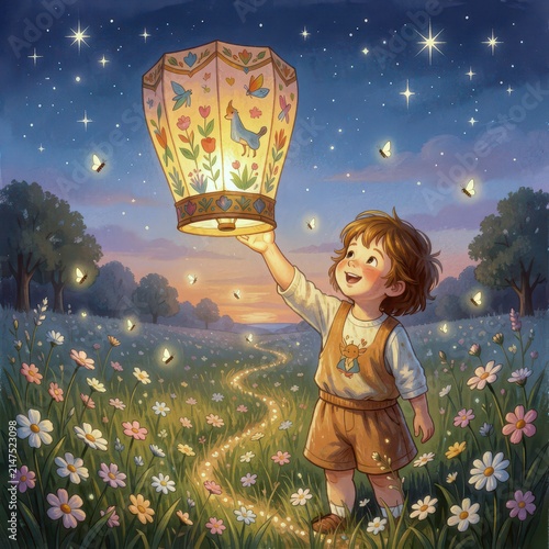 A little boy releases a beautifully decorated Chinese lantern into the night sky, as fireflies dance around him in a flowering meadow beneath a starry backdrop