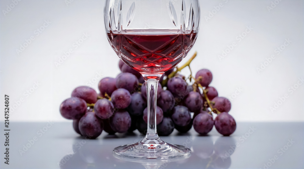 Naklejka premium Red wine fills crystal glass while fresh grapes sit nearby. Simple setting with white table creates focus on drink and fruit. Concept of wineries, restaurants, bars